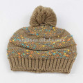 Ladies acrylic fancy yarn knitted pom pom hat
